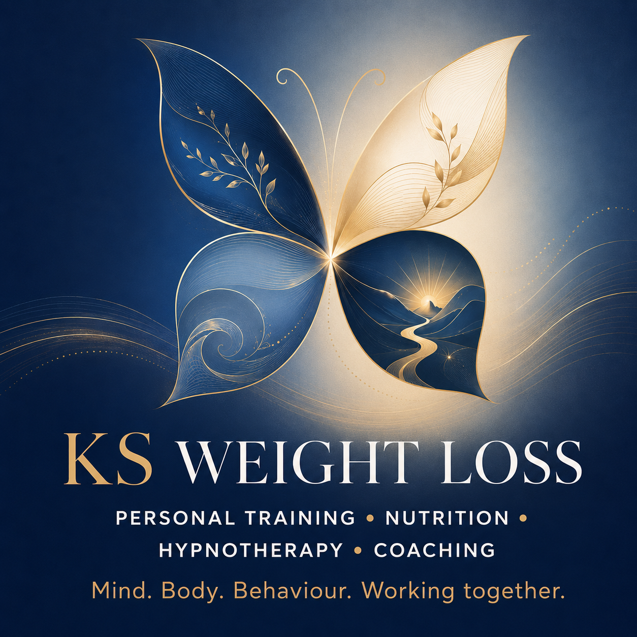 KS Weight Loss brand graphic: butterfly motif with the tagline Mind. Body. Behaviour. Working together.