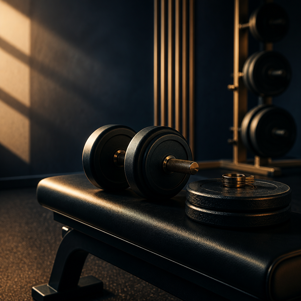 Dumbbells on a bench in warm gym light, representing consistent training