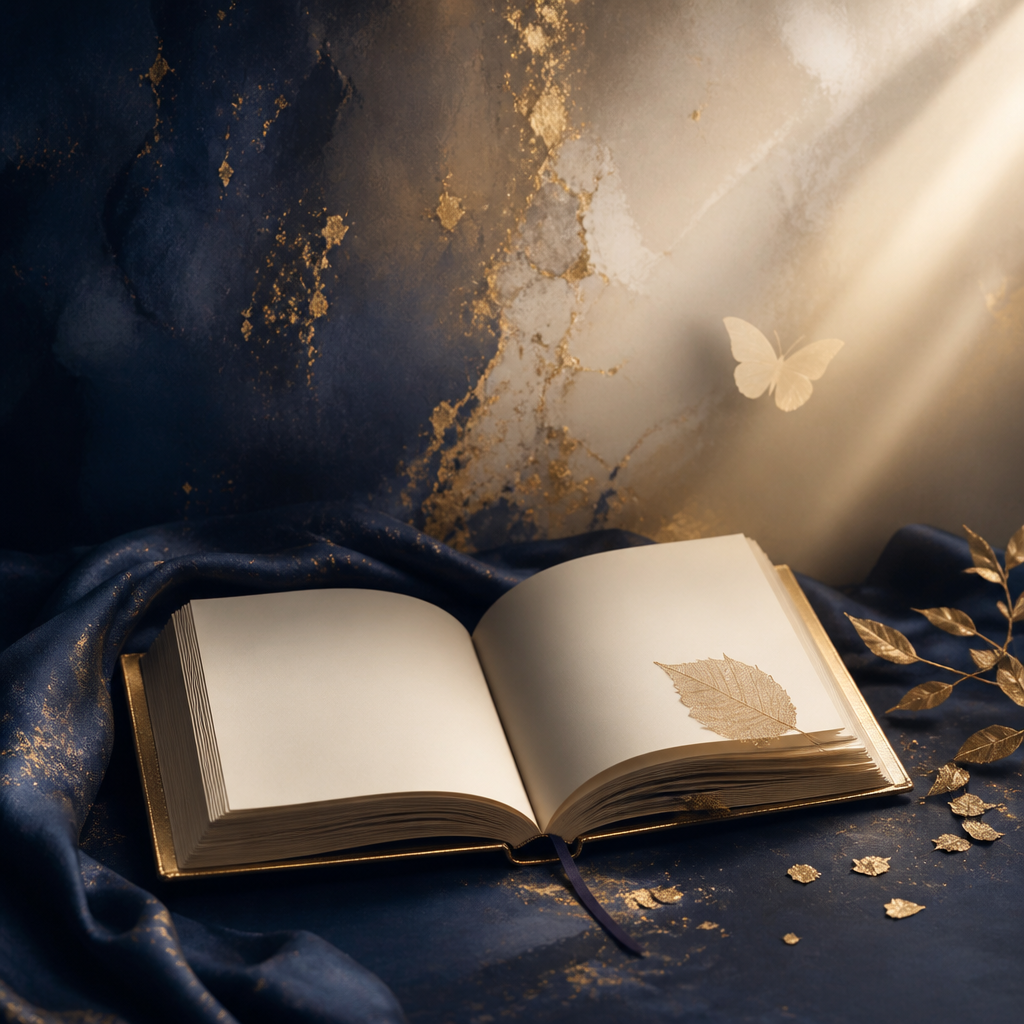 Open journal with golden leaves and a butterfly, representing Kate's personal journey