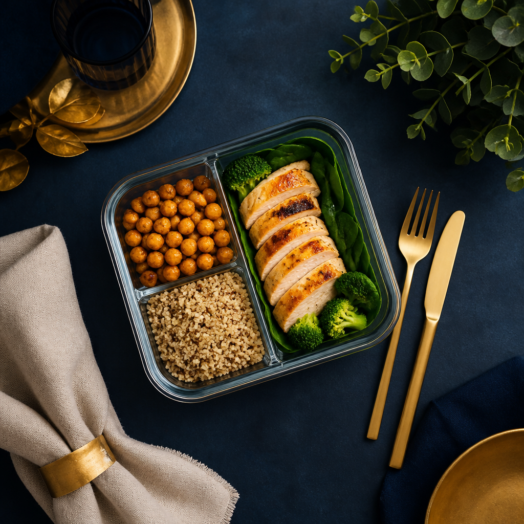 Balanced meal prep container with chicken, grains and greens